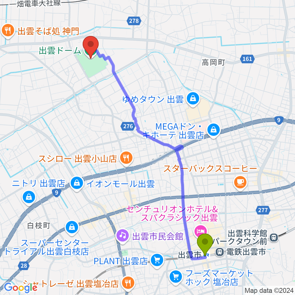 出雲市駅から出雲ドームへのルートマップ地図