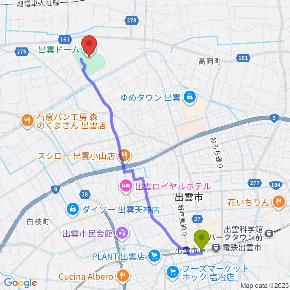 出雲市駅から出雲ドームへのルートマップ地図