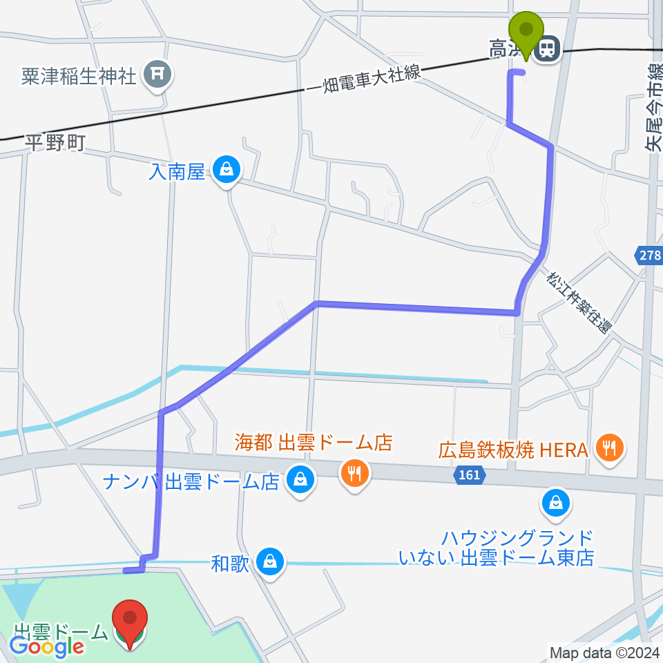 出雲ドームの最寄駅高浜駅からの徒歩ルート（約17分）地図