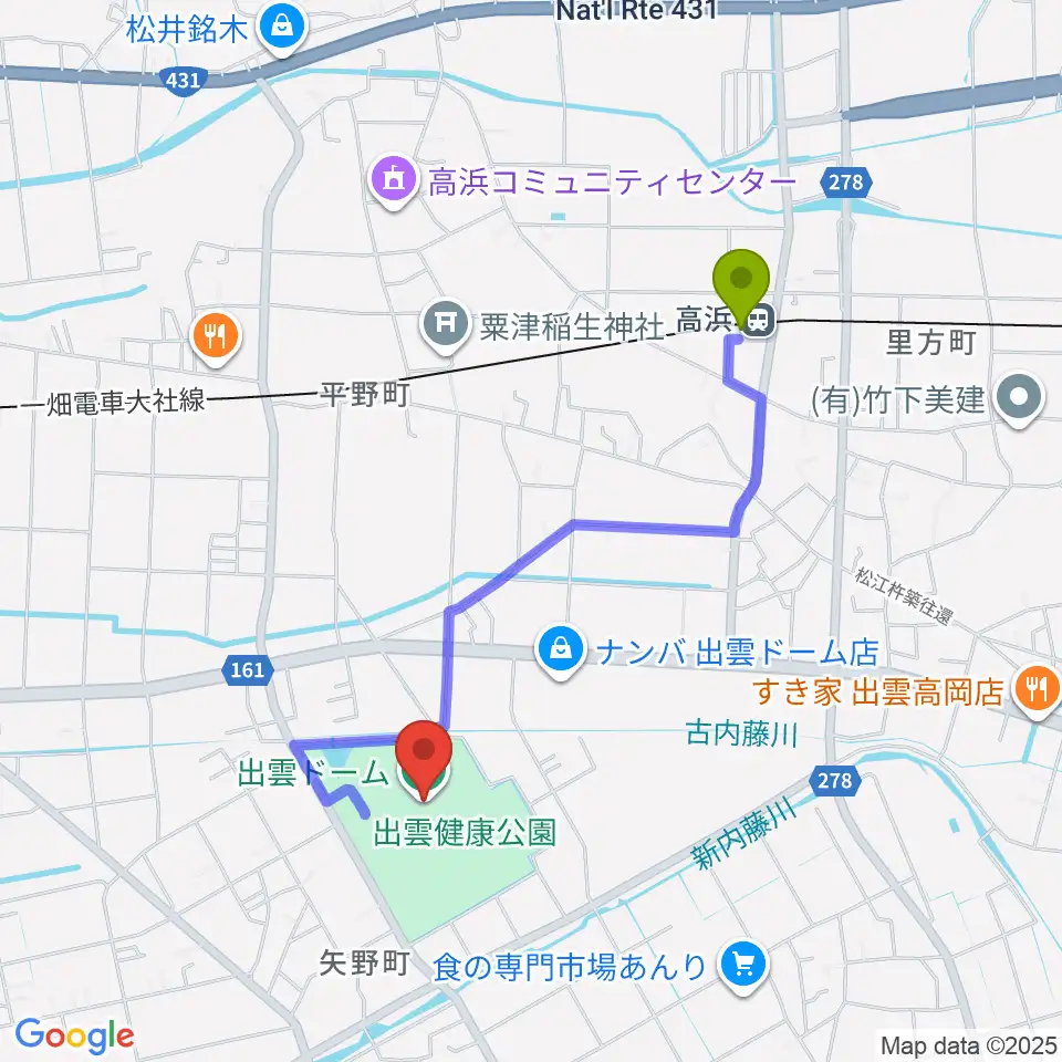 出雲ドームの最寄駅高浜駅からの徒歩ルート（約17分）地図