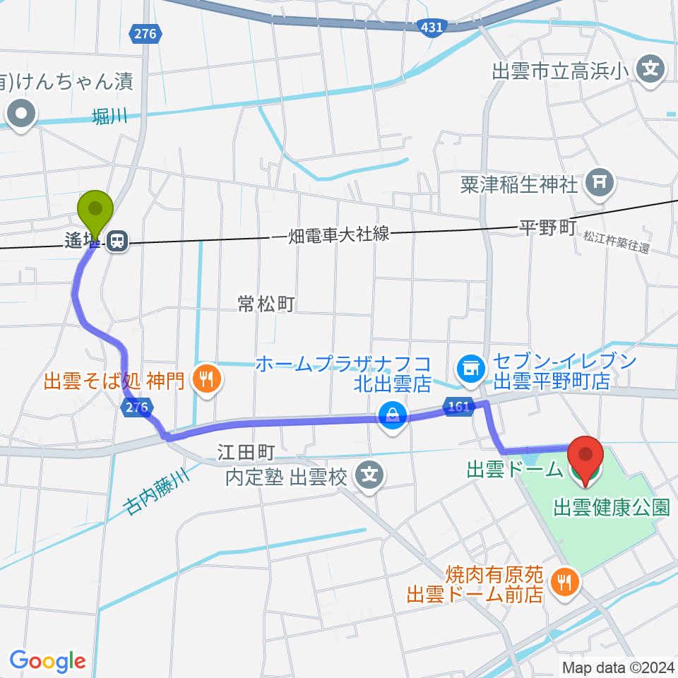 遙堪駅から出雲ドームへのルートマップ地図