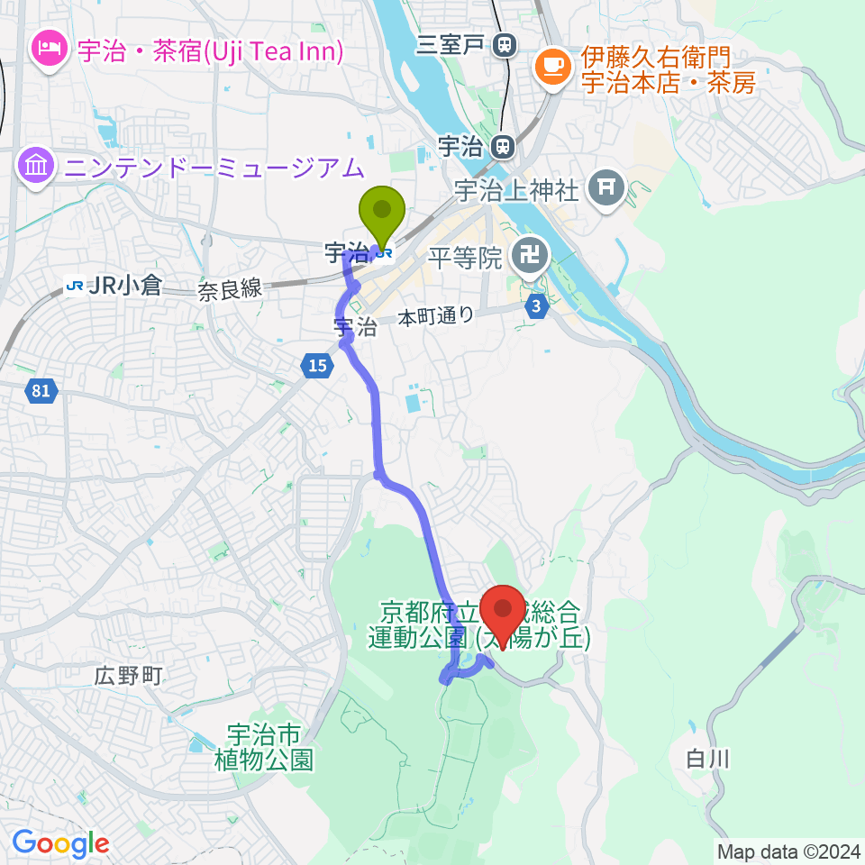 木下アカデミー京都アイスアリーナの最寄駅宇治駅からの徒歩ルート（約30分）地図