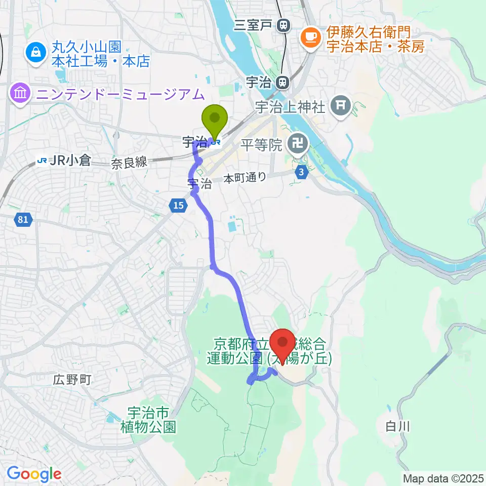 木下アカデミー京都アイスアリーナの最寄駅宇治駅からの徒歩ルート（約30分）地図