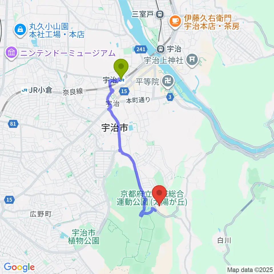 木下アカデミー京都アイスアリーナの最寄駅宇治駅からの徒歩ルート（約30分）地図