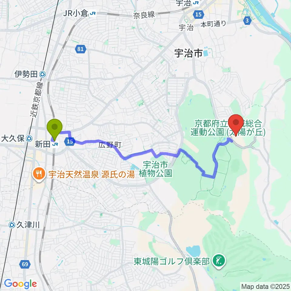 新田駅から木下アカデミー京都アイスアリーナへのルートマップ地図