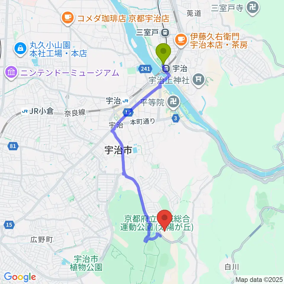 宇治駅から木下アカデミー京都アイスアリーナへのルートマップ地図