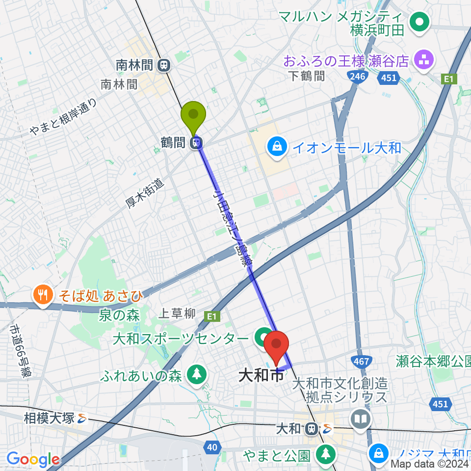 鶴間駅から大和スポーツセンター体育会館へのルートマップ地図