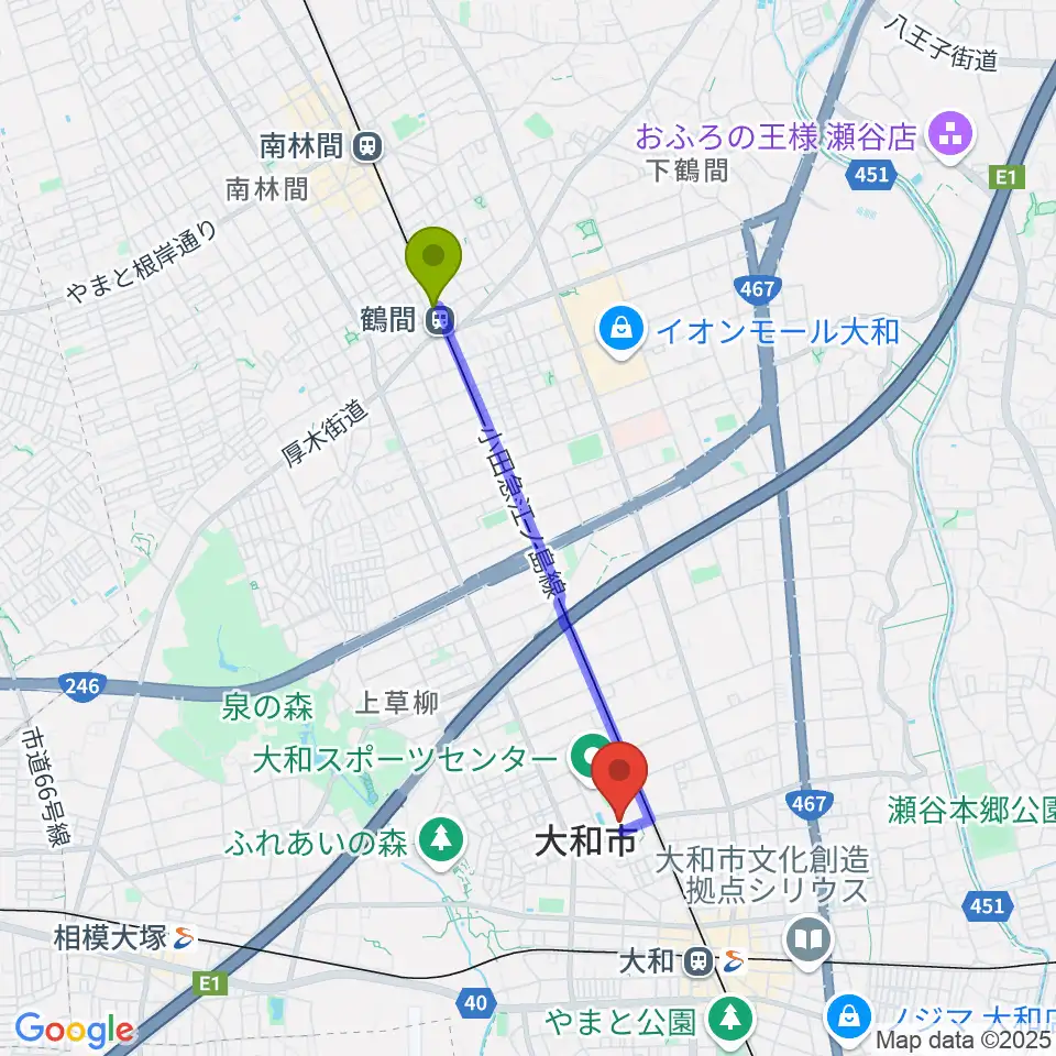 鶴間駅から大和スポーツセンター体育会館へのルートマップ地図