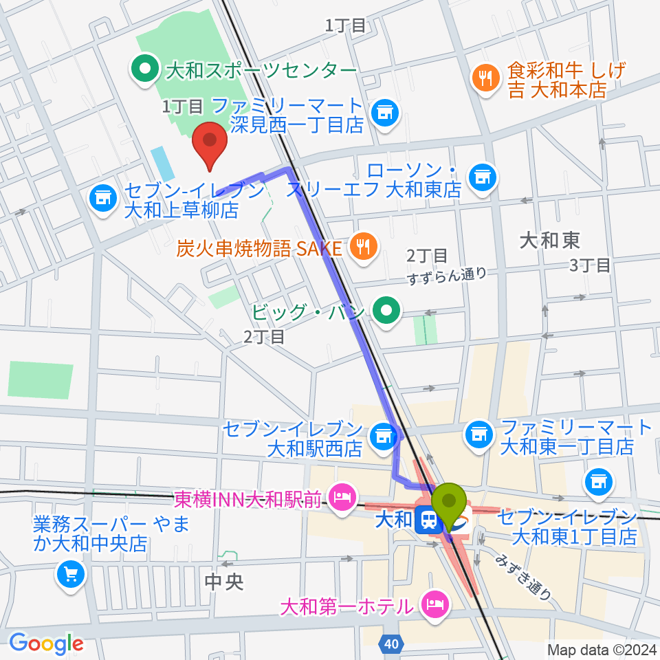 大和スポーツセンター体育会館の最寄駅大和駅からの徒歩ルート（約10分）地図