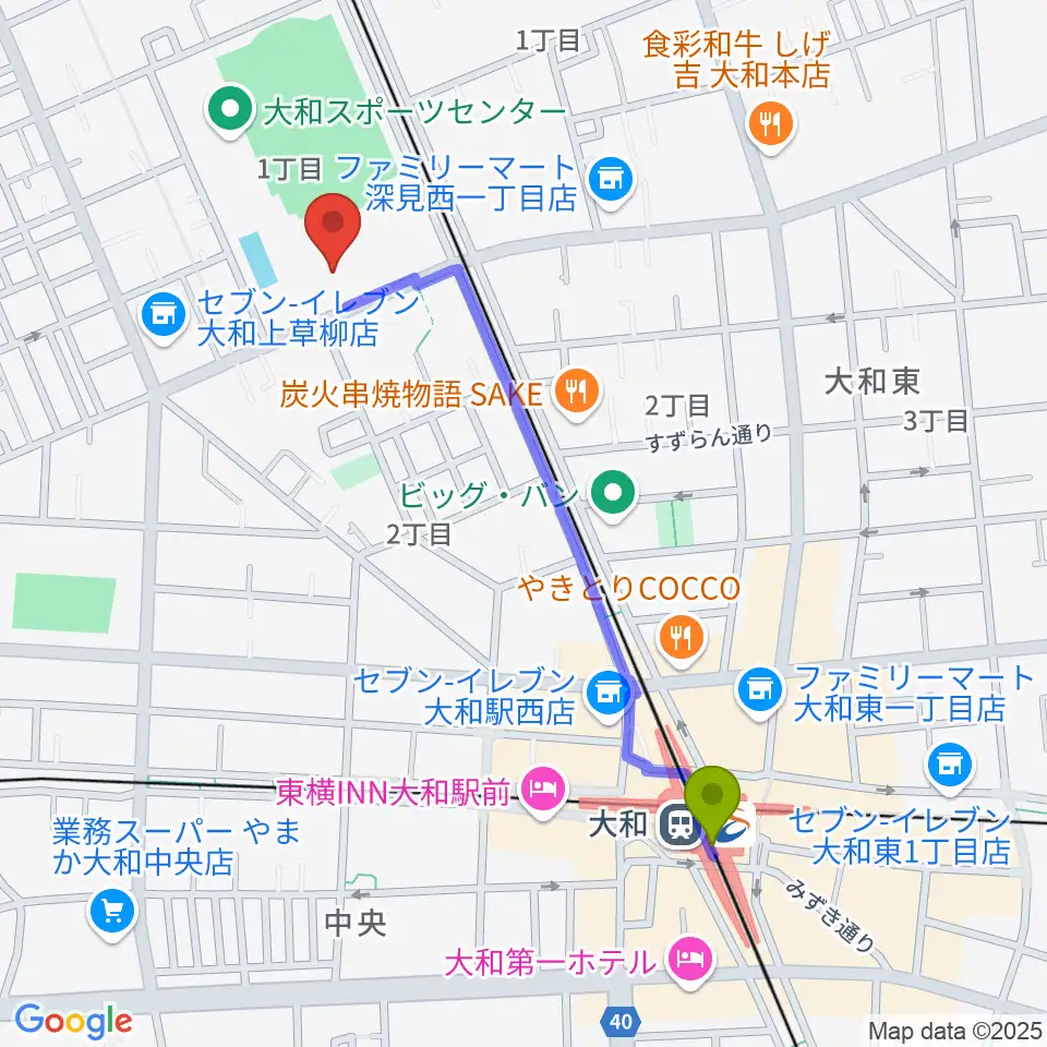 大和スポーツセンター体育会館の最寄駅大和駅からの徒歩ルート（約10分）地図