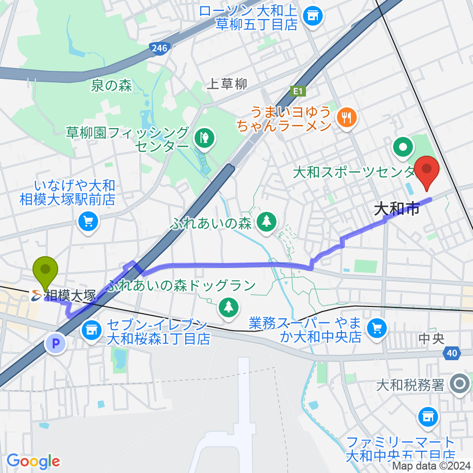 相模大塚駅から大和スポーツセンター体育会館へのルートマップ地図