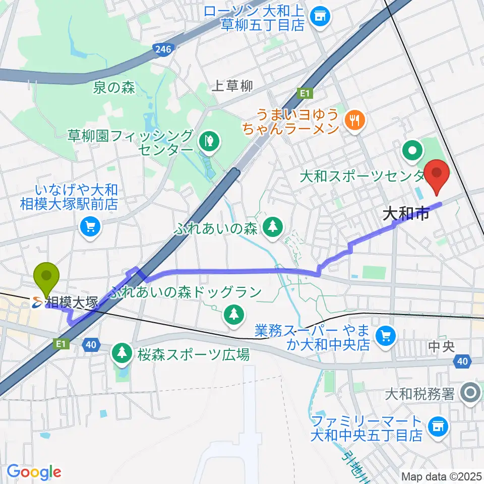 相模大塚駅から大和スポーツセンター体育会館へのルートマップ地図