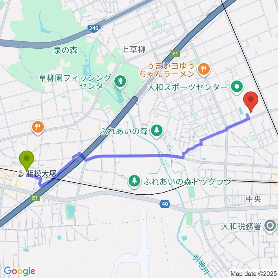 相模大塚駅から大和スポーツセンター体育会館へのルートマップ地図