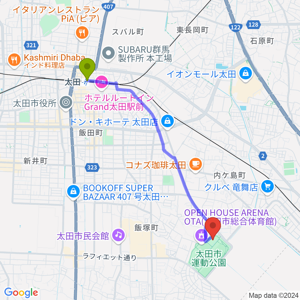 太田駅から太田市運動公園市民体育館へのルートマップ地図