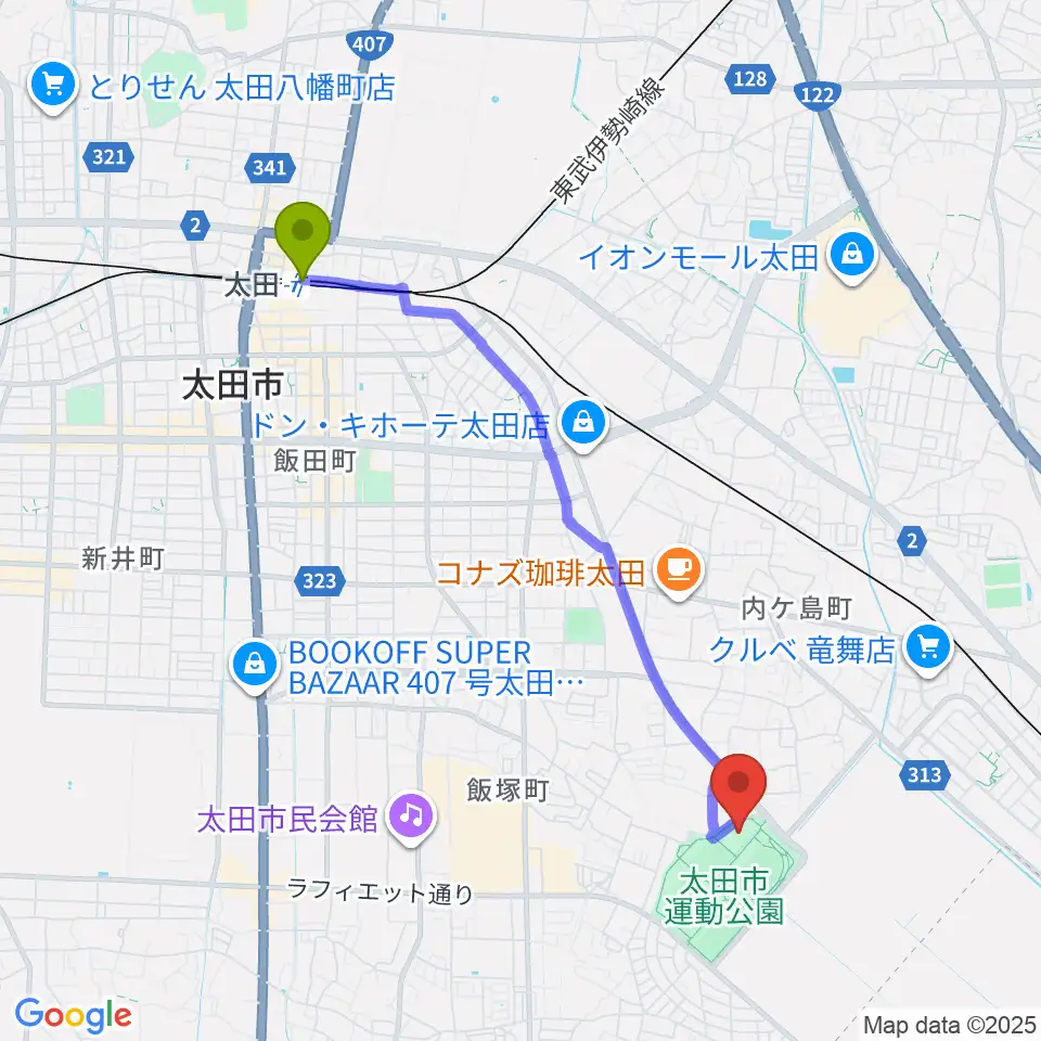 太田駅から太田市運動公園市民体育館へのルートマップ地図
