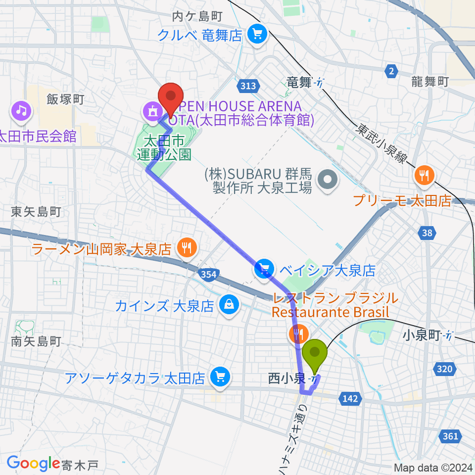 西小泉駅から太田市運動公園市民体育館へのルートマップ地図