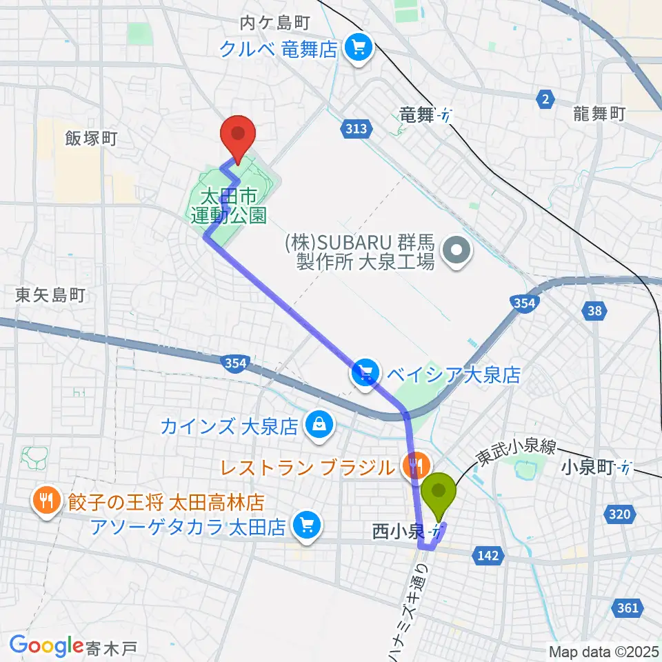 西小泉駅から太田市運動公園市民体育館へのルートマップ地図