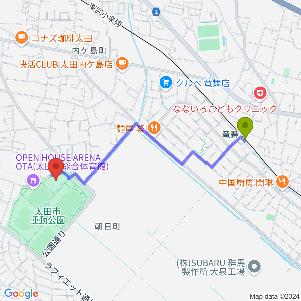 太田市運動公園市民体育館の最寄駅竜舞駅からの徒歩ルート（約20分）地図