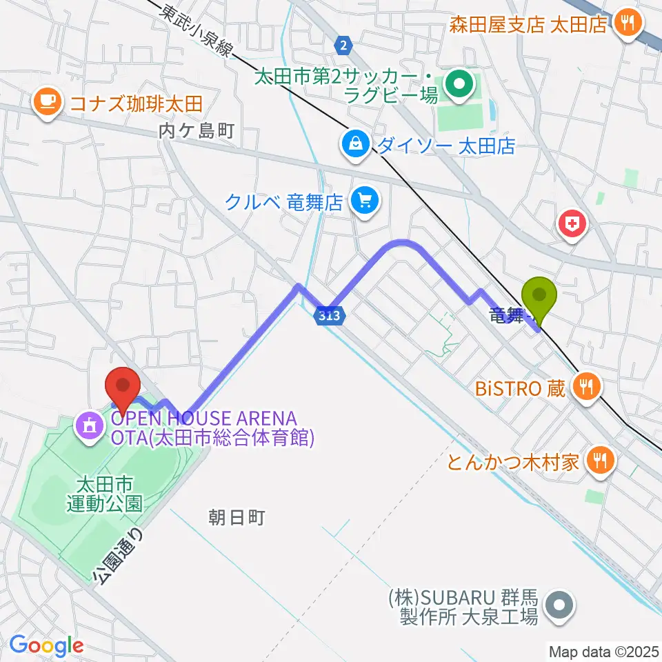 太田市運動公園市民体育館の最寄駅竜舞駅からの徒歩ルート（約20分）地図