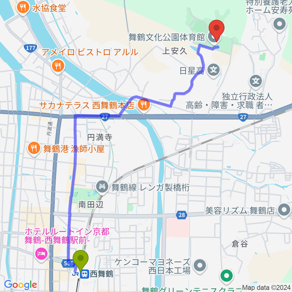 舞鶴文化公園体育館の最寄駅西舞鶴駅からの徒歩ルート（約28分）地図