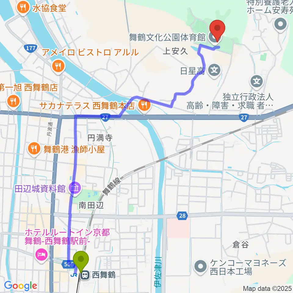 舞鶴文化公園体育館の最寄駅西舞鶴駅からの徒歩ルート（約28分）地図