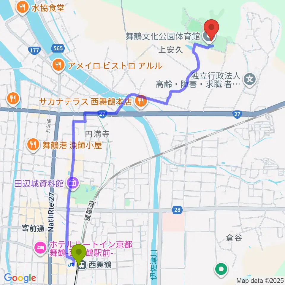 舞鶴文化公園体育館の最寄駅西舞鶴駅からの徒歩ルート（約28分）地図