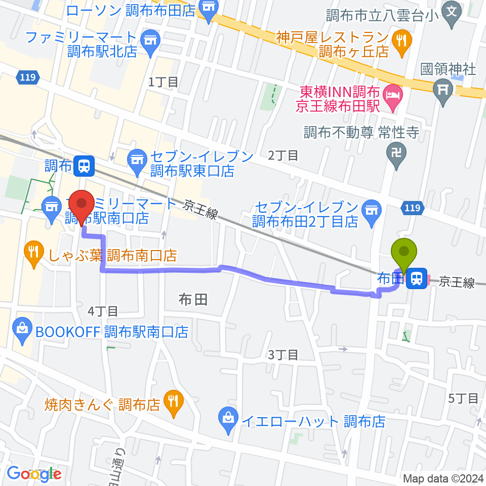 布田駅からスタジオニド調布店へのルートマップ地図