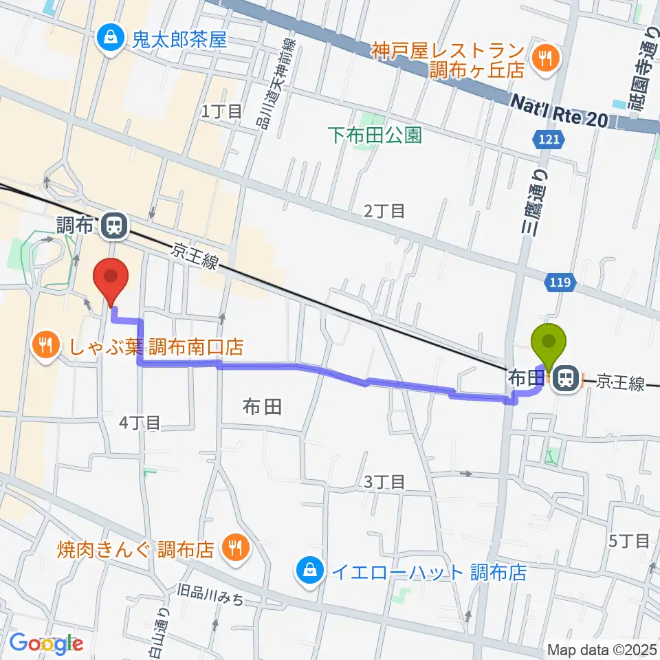 布田駅からスタジオニド調布店へのルートマップ地図