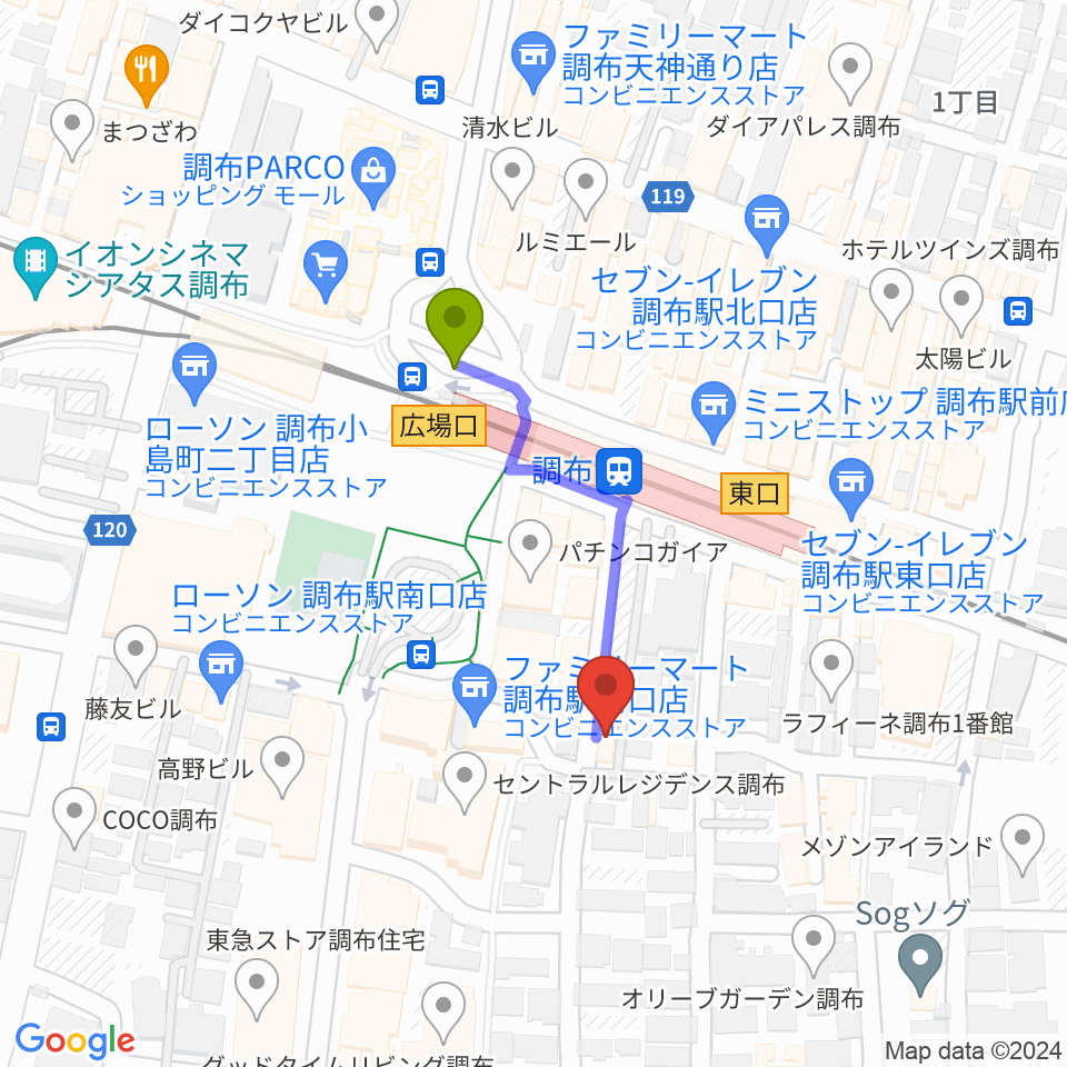 スタジオニド調布店の最寄駅調布駅からの徒歩ルート（約3分）地図
