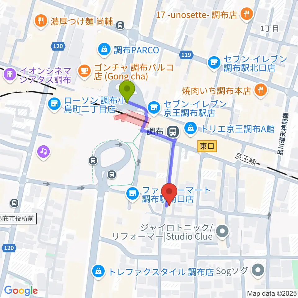 スタジオニド調布店の最寄駅調布駅からの徒歩ルート（約3分）地図