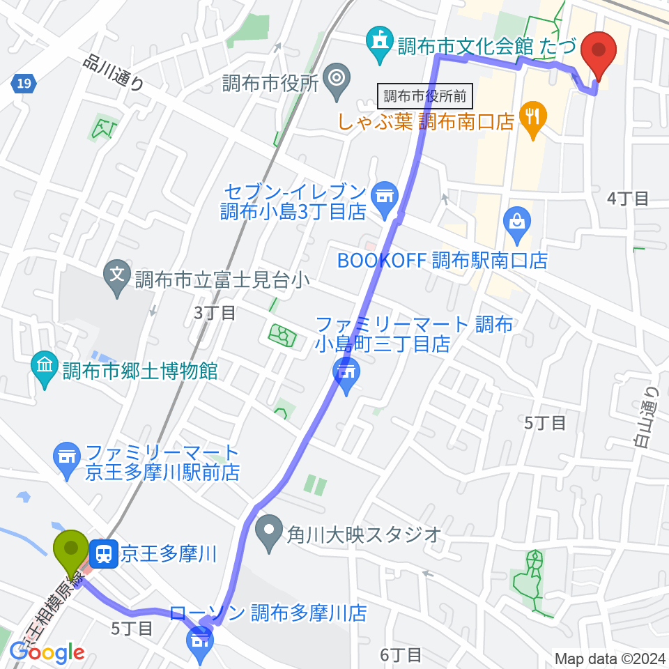 京王多摩川駅からスタジオニド調布店へのルートマップ地図