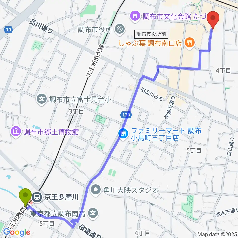 京王多摩川駅からスタジオニド調布店へのルートマップ地図