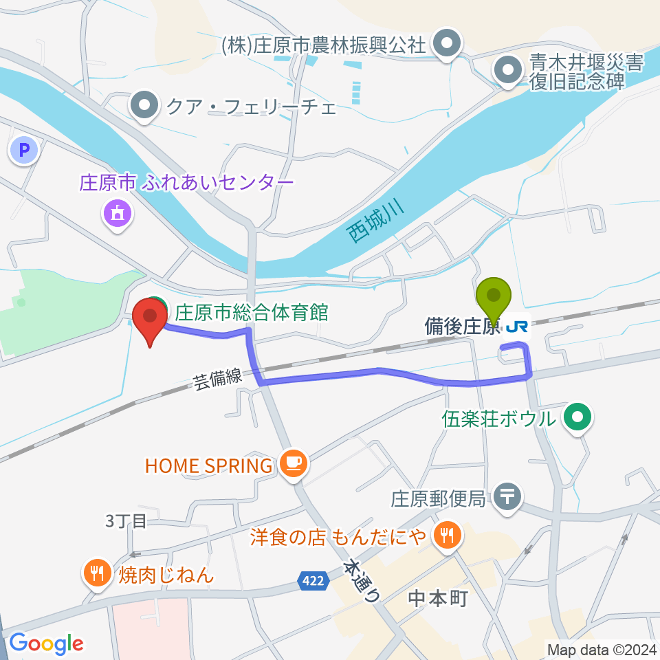 庄原市総合体育館の最寄駅備後庄原駅からの徒歩ルート（約8分）地図