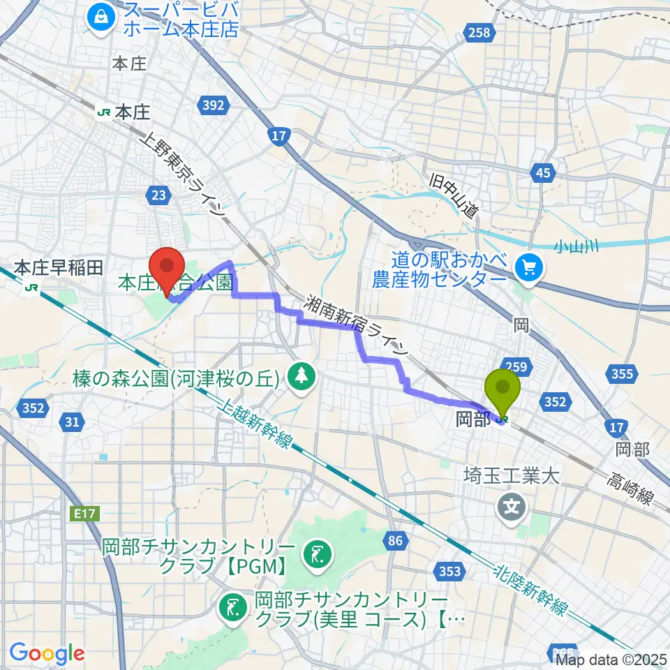 岡部駅からカミケンシルクドームへのルートマップ地図