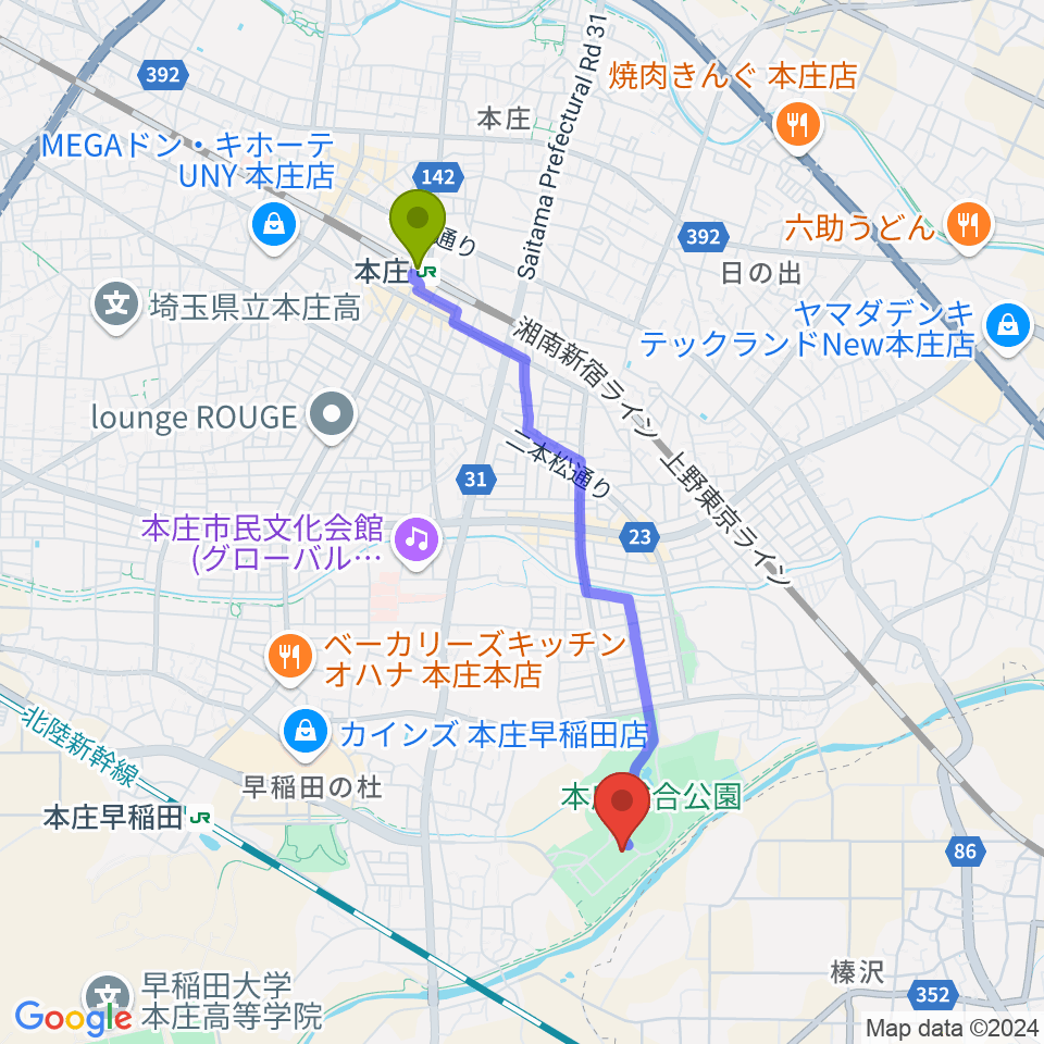 カミケンシルクドームの最寄駅本庄駅からの徒歩ルート（約36分）地図