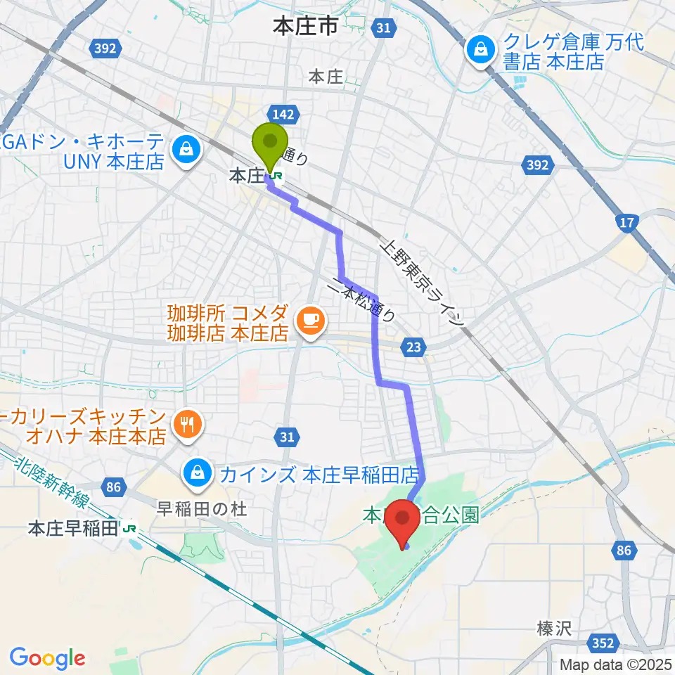 カミケンシルクドームの最寄駅本庄駅からの徒歩ルート（約36分）地図