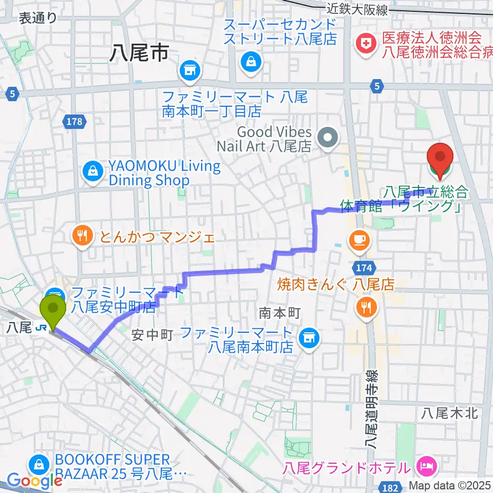 八尾駅から八尾市立総合体育館ウイングへのルートマップ地図