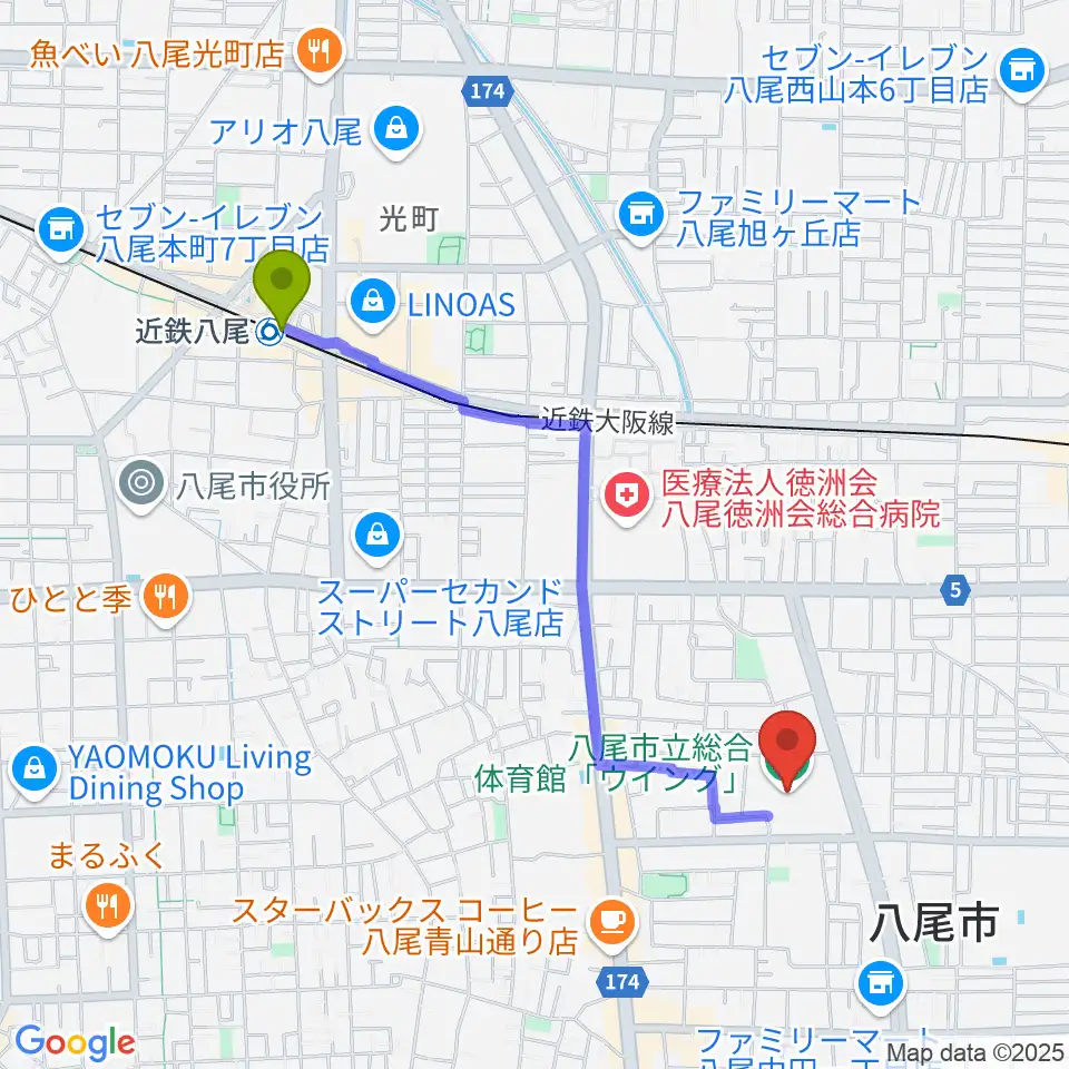 近鉄八尾駅から八尾市立総合体育館ウイングへのルートマップ地図