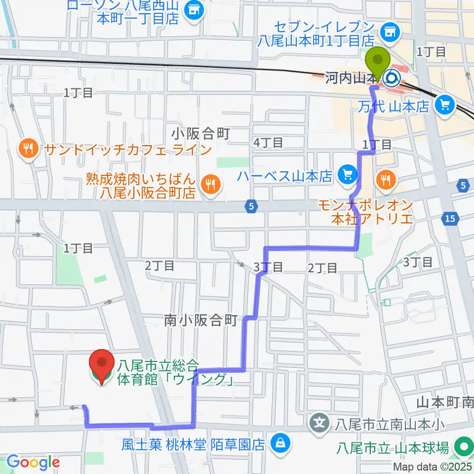 八尾市立総合体育館ウイングの最寄駅河内山本駅からの徒歩ルート（約14分）地図