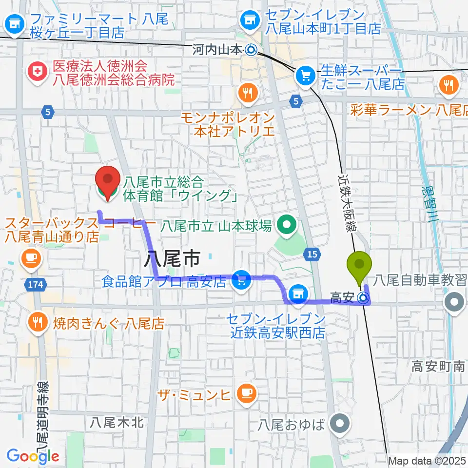 高安駅から八尾市立総合体育館ウイングへのルートマップ地図