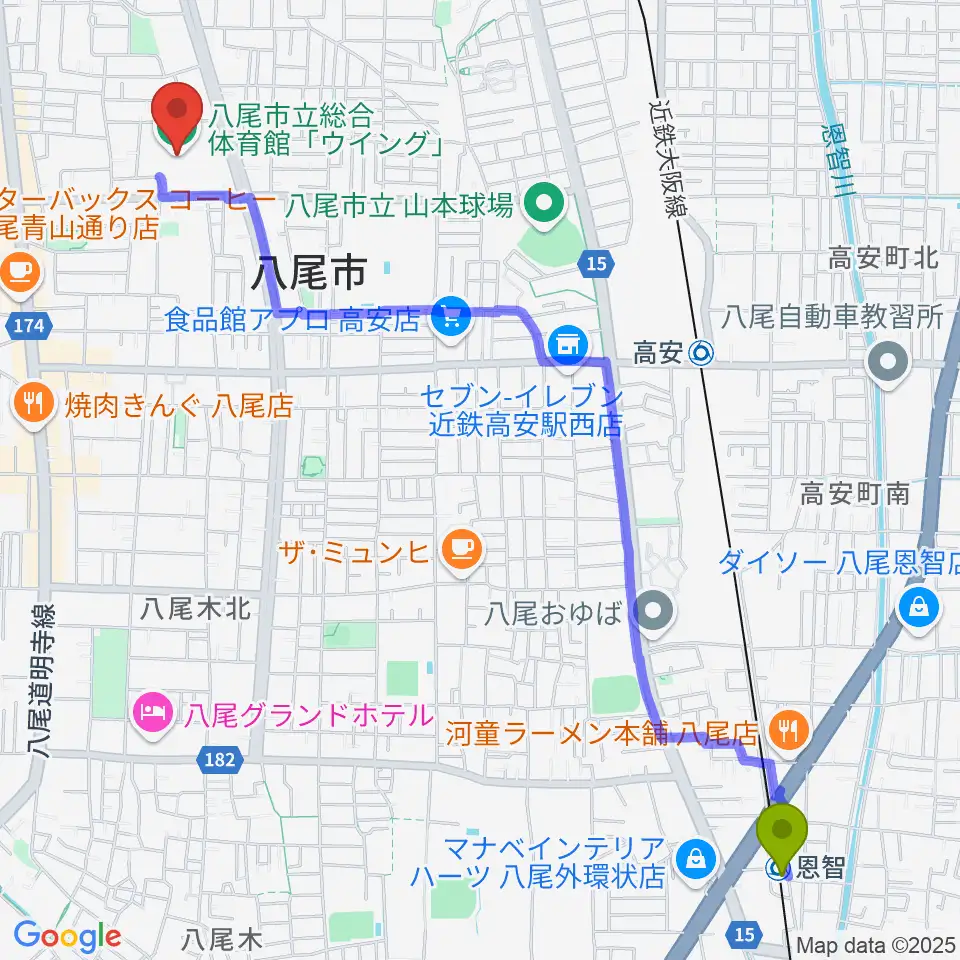 恩智駅から八尾市立総合体育館ウイングへのルートマップ地図