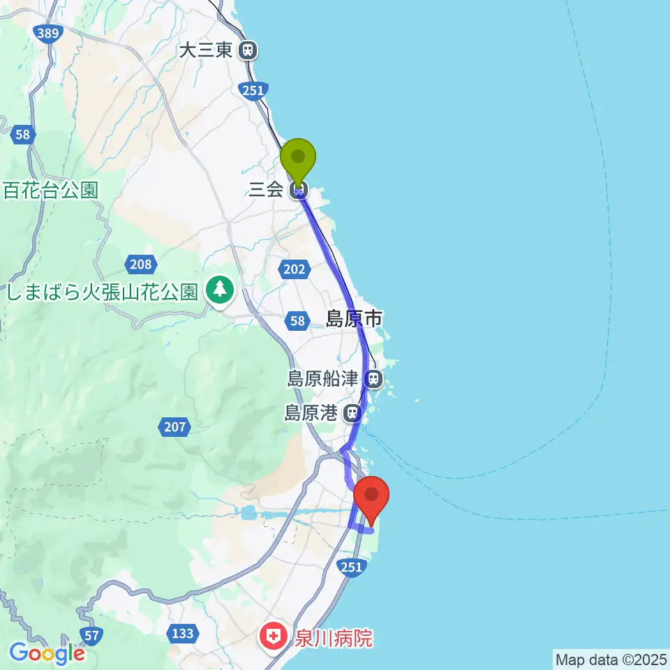 三会駅から島原復興アリーナへのルートマップ地図