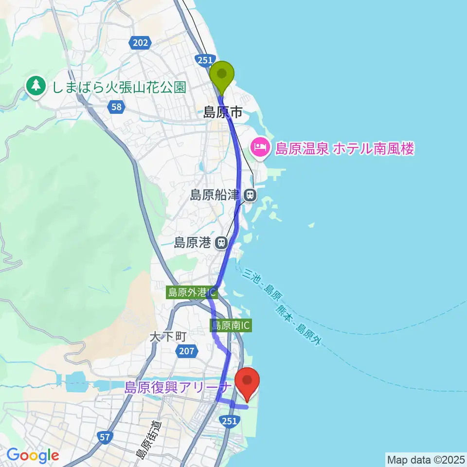 島原駅から島原復興アリーナへのルートマップ地図
