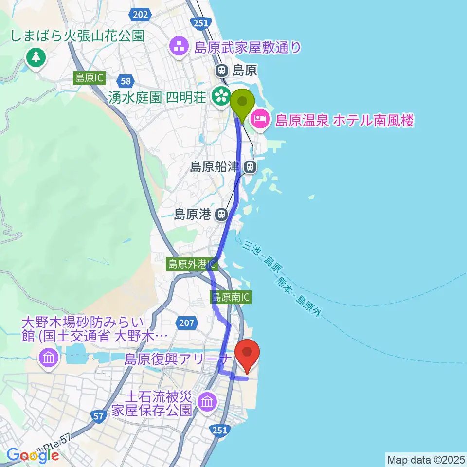 霊丘公園体育館駅から島原復興アリーナへのルートマップ地図
