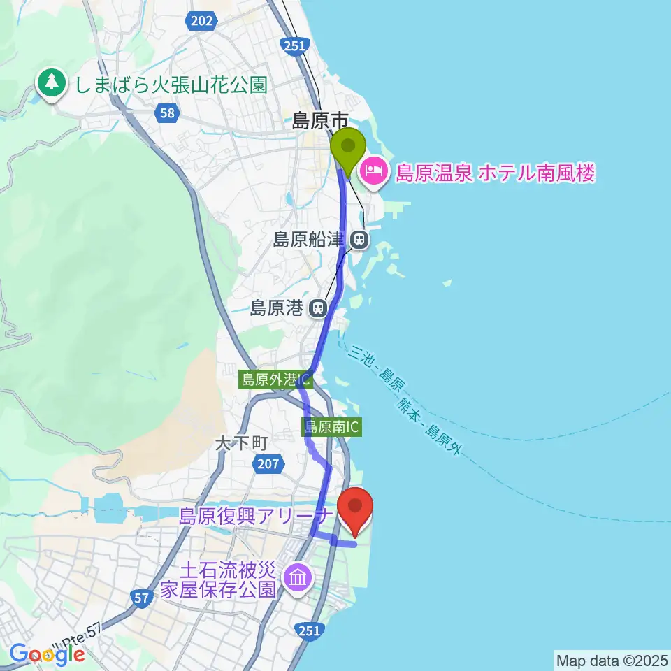 霊丘公園体育館駅から島原復興アリーナへのルートマップ地図