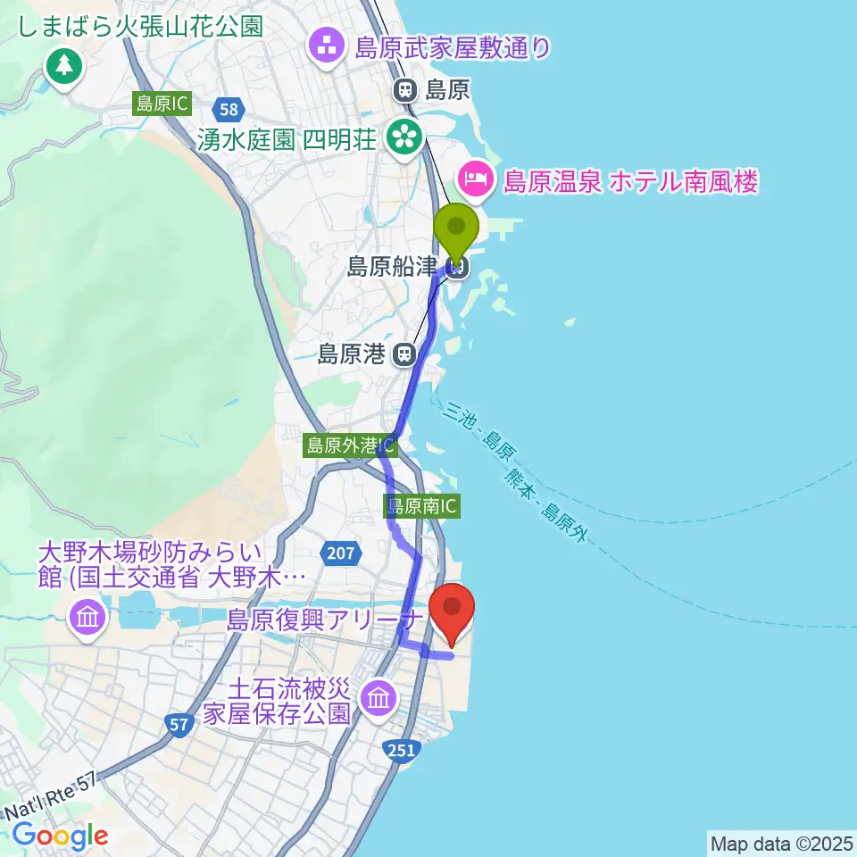 島原船津駅から島原復興アリーナへのルートマップ地図