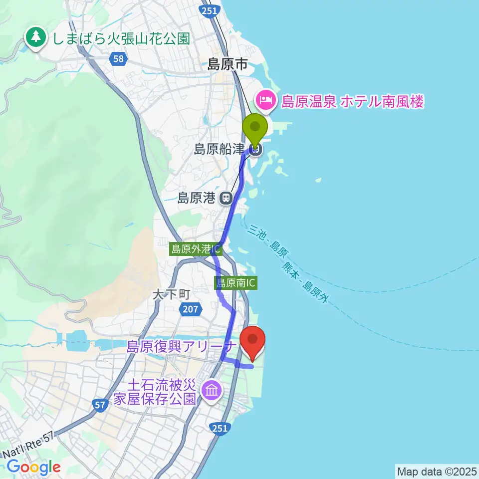 島原船津駅から島原復興アリーナへのルートマップ地図
