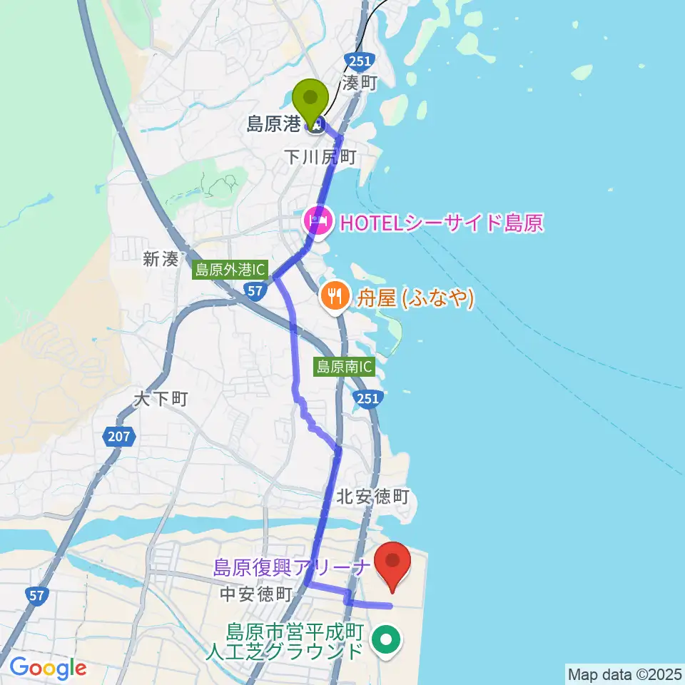 島原復興アリーナの最寄駅島原港駅からの徒歩ルート（約44分）地図