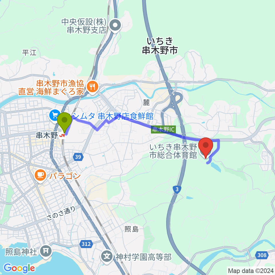 串木野駅からFアリーナいちき串木野へのルートマップ地図