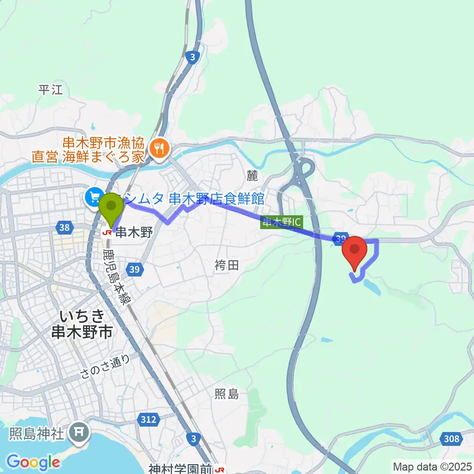 串木野駅からFアリーナいちき串木野へのルートマップ地図